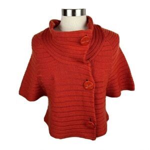 Moth Rust Wool Ribbed Knit Poncho L High Collar Button Cardigan Sweater Cape